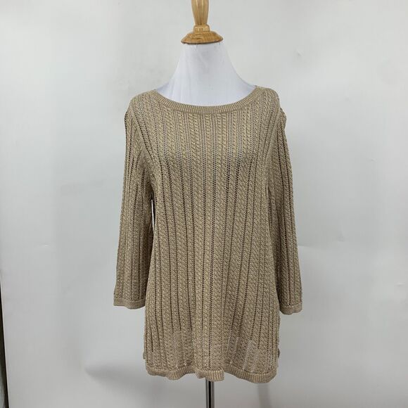 Talbots Sweater Womens XLP Gold Petite Linen Metallic Blend Open Knit Pullover - Picture 2 of 10